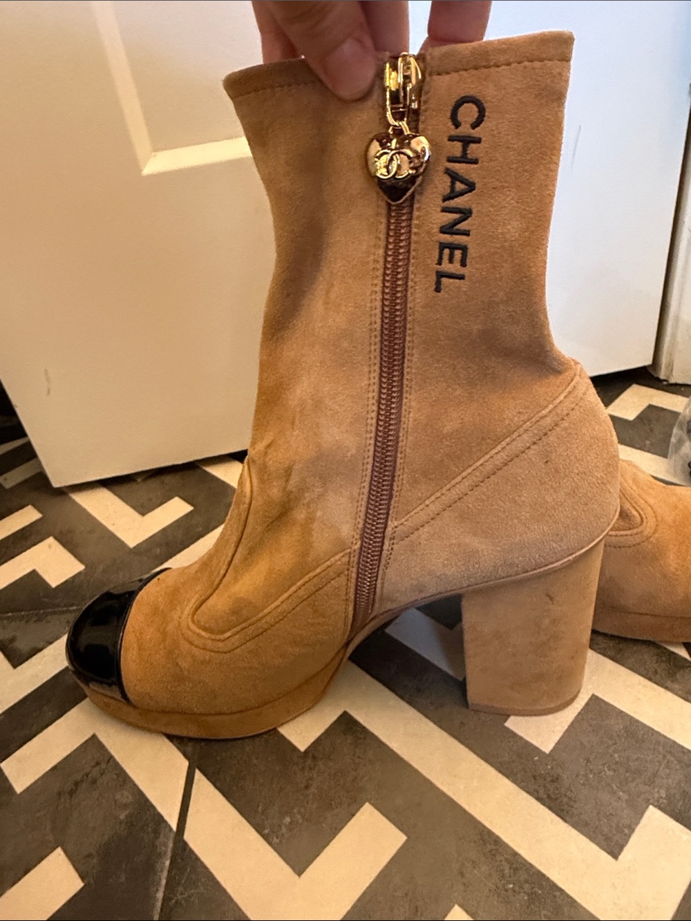 CHANEL Tan Suede Ankle Boots with Black Patent Cap Toe - Picture 4 of 5